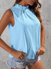 SHEIN VCAY Solid Color Hollow Out Embroidery Stand Collar Tank Top - Baby Blue - View 4