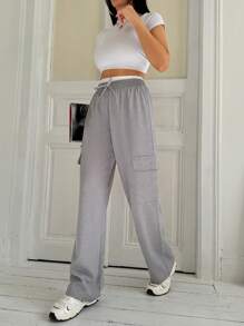 EURMUSE Woman Belly Boxer Detailed Cargo Pockets Pants - Grey - View 5