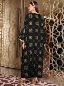 Layrah 刺绣细节圆领蝙蝠袖宽松卡夫坦长裙，优雅奢华晚会风格 - 黑色 - 查看 2