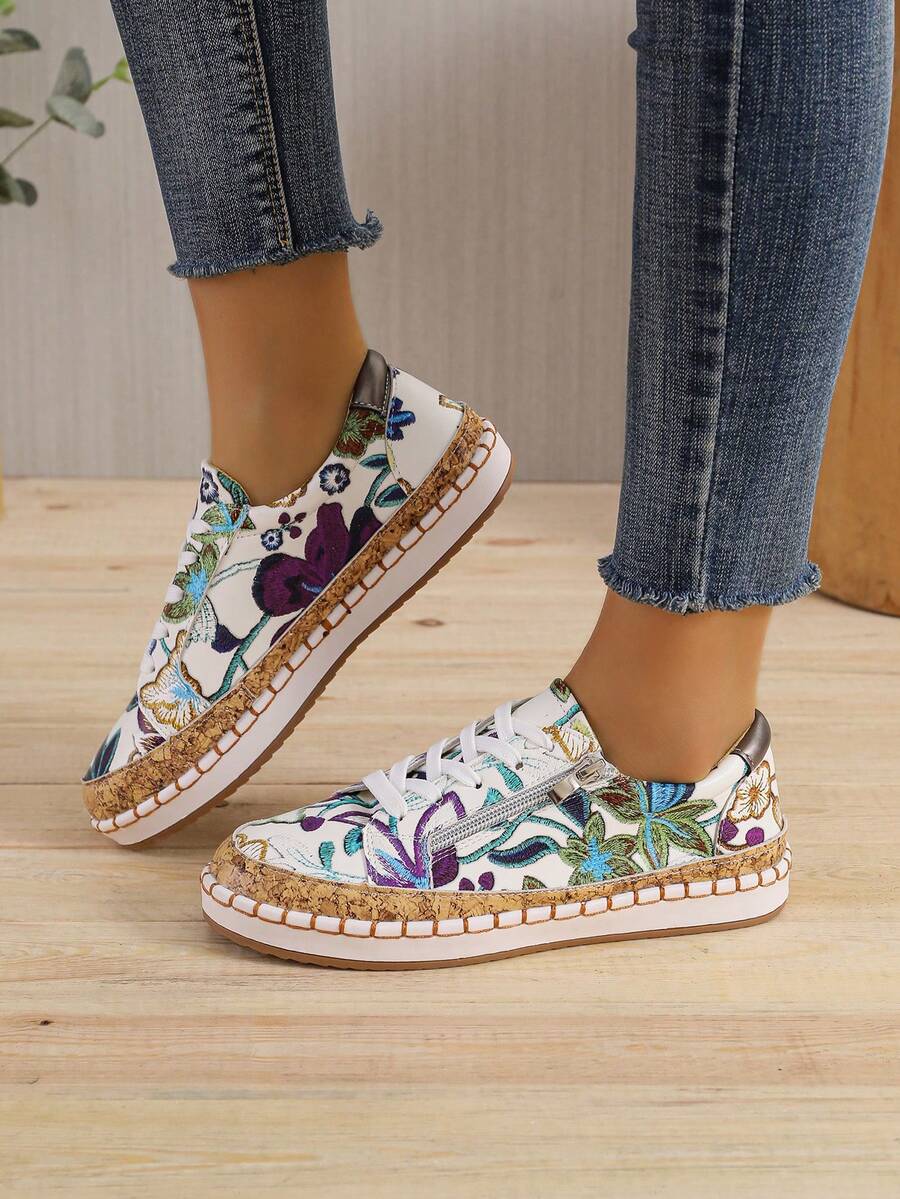 Của phụ nữ Đúng mốt Chóp giầy tròn Kích thước Lớn In hoa Lace-up Khối màu Thoải mái Giày đế bằng - Màu tím - Xem 1