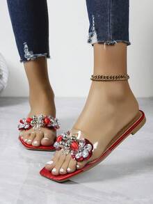 Zapatillas De Verano 2020 Para Mujer Con Decoración De Flores Y Diamantes De Imitación, Cómodas Y De Diseño Claro De Cristal Para Uso Al Aire Libre, Con Diseño De Punta Cuadrada Plana Y Punta Abierta - Rojo - Ver 2