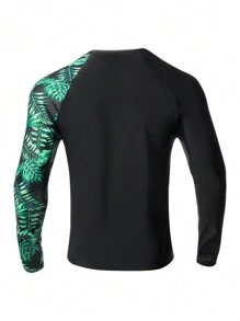 Manfinity KASUA Men's Leaf Printed Rash Guard With Raglan Sleeves, Ideal For Swimming And Surfing Athletic Workout Shirt,Hawaiian - Multicolor - View 2