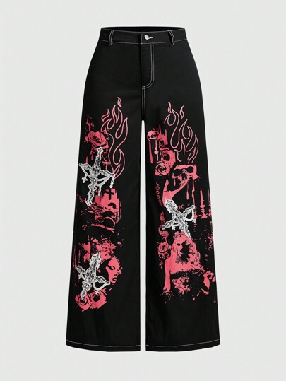 Plus Size Skull Head & Flame & Cross Print Wide Leg Pants, School