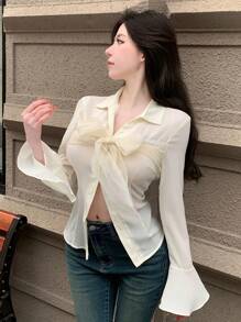 DAZY Bowknot Decorated Flare Sleeve Shirt,Ruffle - White - View 7