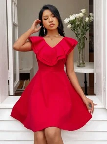 SHEIN Privé 女士接口條紋和荷葉邊連衣裙 - 紅色 - 查看 8