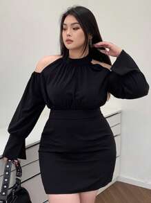Dazy Petite Plus Vestito taglie comode con spalle scoperte, gonna svasata con cintura in vita e scollo alto all'americana - nero - Visualizzare 5