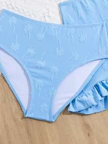 Tween Girl Palm Tree Flocked Bikini Set With Scallop Trim, Bathing Suit Beach Outfit Summer Vacation Summer Beach - Blue - View 4