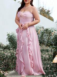 SHEIN Belle Plus Size Solid Color Strapless 3d Flower Lace Dress, Wedding Guest Dress - Pink - View 3