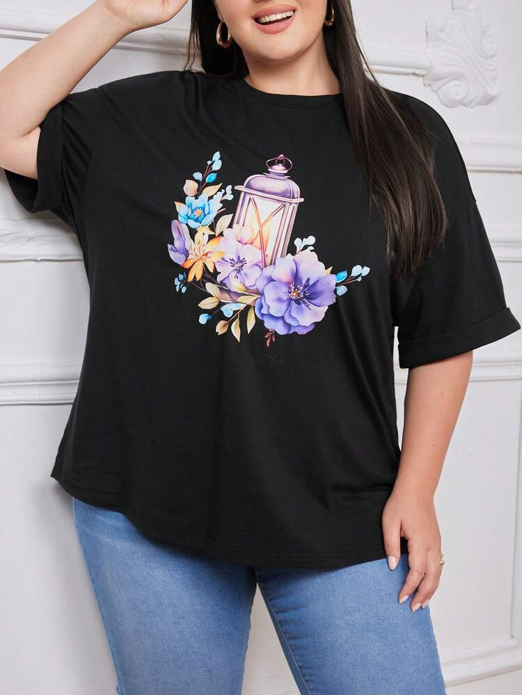 Plus Size Women's Floral Print Short Sleeve T-Shirt