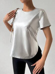 SHEIN Privé Camiseta Plateada Con Cuello Redondo Para Mujer - Plateado - Ver 1
