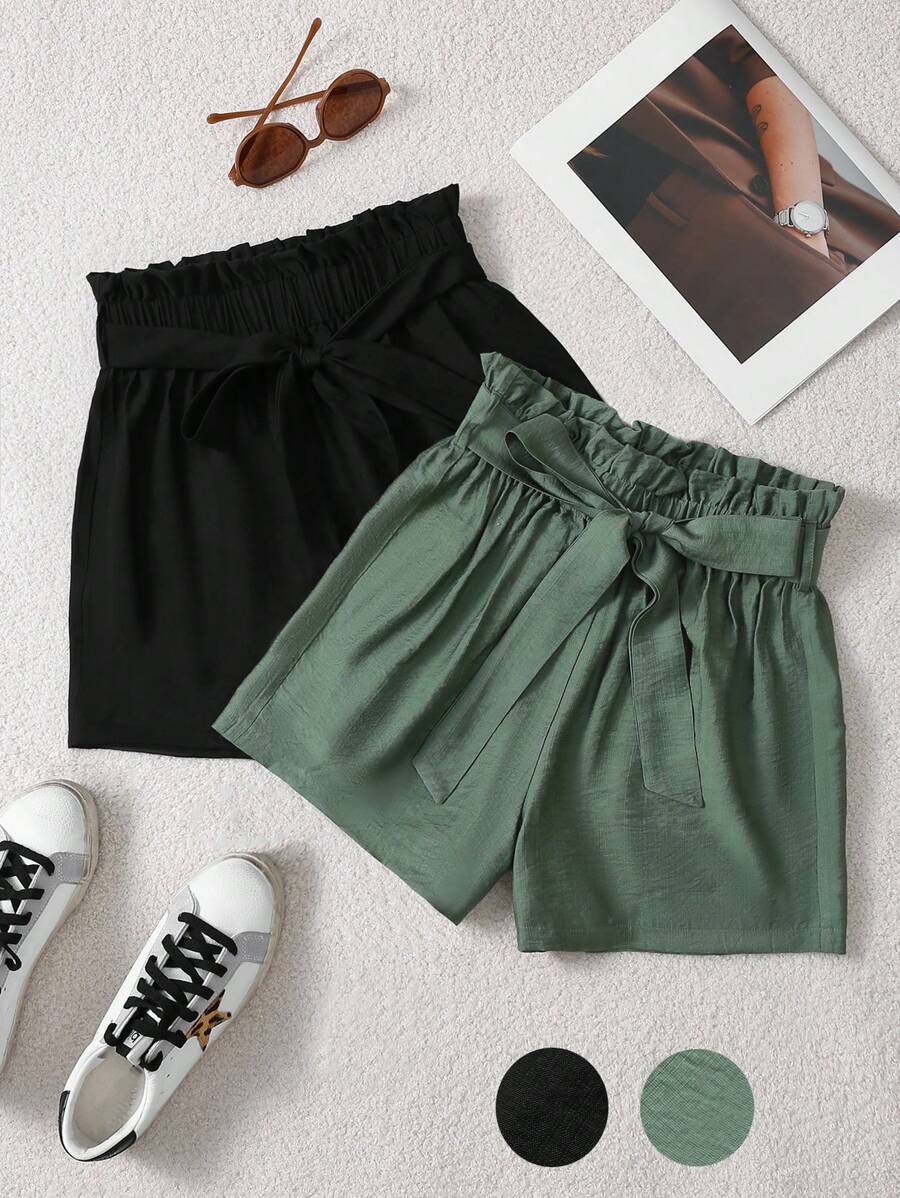 Plivvot 2pcs/Set Solid Color Casual Work & Vacation High Waist Paper Bag Tie Front Shorts - Multicolor - View 1
