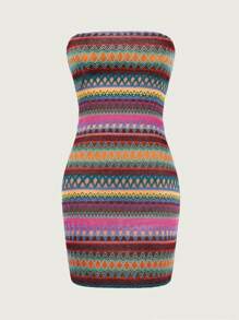 SHEIN Unity 女士鉤織幾何圖案紋理露肩連衣裙 - 彩色 - 查看 1