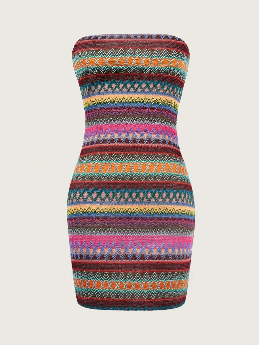 SHEIN Unity 女士鉤織幾何圖案紋理露肩連衣裙 - 彩色 - 查看 1