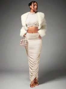 SHEIN BAE Conjunto De Dos Piezas Con Detalle De Volantes En El Cuello Medio Alto Para Mujer, Para La Fiesta De Víspera De Año Nuevo