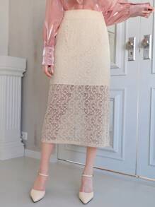 DAZY Contrast Lace High Waisted Straight Skirt
