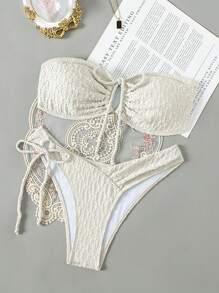 SHEIN Swim 纯色纹理露肩比基尼泳装套装夏季 - 白色 - 查看 1