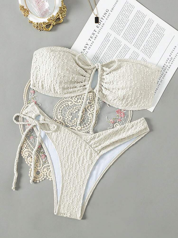 Solid Color Textured Strapless Bikini Swimwear Set Summer