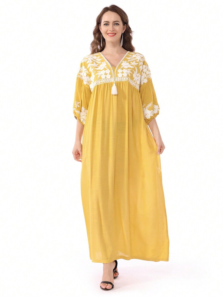 فستان نسائي إماراتي أنيق مطرز بالورود، جلابية تقلي...