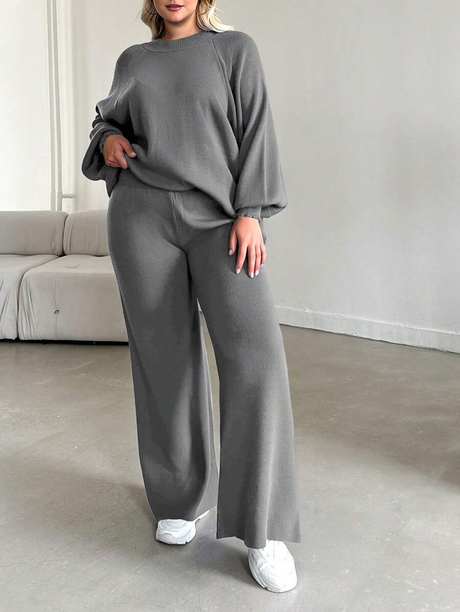 EURMUSE Plus Size Solid Color Casual Sweater Set - Light Grey - View 1