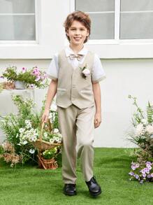 SHEIN Conjunto elegante de chaleco tejido para niño preadolescente con bloqueo de color, corbata de moño, camisa y pantalones de vestir - Caqui - Ver 2