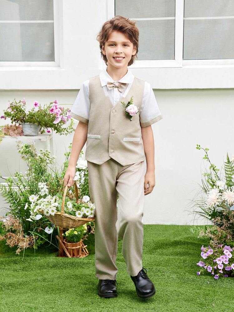 Tween Boy Elegant Colorblock Woven Vest With Bow Tie, Dress Shirt And Pants Suit Set
