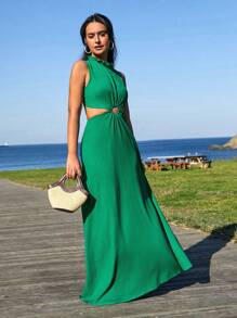 EURMUSE Green Back Detail Summer Long Dress - Green - View 6