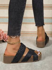 Women's Country Style Pu Woven Fashionable Thick Bottom Soft Slippers - Dark Grey - View 3