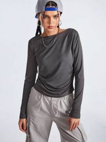 SHEIN Sports Solid Color Boat Neck Sport T-Shirt With Pleats