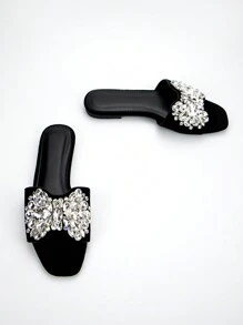 Ladies' Gorgeous Shiny Butterfly Rhinestone Decorated Black Suede Square-Toed Stylish Comfortable Party Flat Sandals Valentines,Spring Summer Outfits - Black - View 2