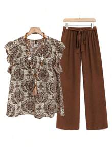 EMERY ROSE Plus Size Women's Plant Printed Round Neck Flutter Sleeve Top And Pants Set - Brown - View 1