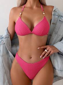 Swim SXY Summer Beach Women's Solid Color Textured Halter Neck Bikini Swimwear Set - Hot Pink - View 1
