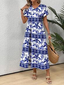 SHEIN VCAY Women's Floral Printed V-Neck Batwing Sleeve Dress