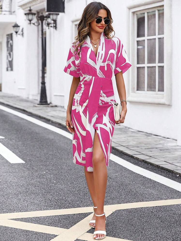 SHEIN Clasi Color Block V-Neck With Slit Hem Fitted Dress - Hot Pink - View 5