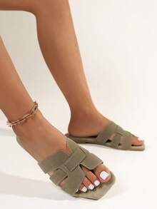 女士時尚夏季卡其色方頭仿麂皮涼鞋,舒適平底鞋,適合海灘、旅行和派對 - 卡其色 - 查看 3