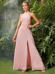 Backless Halter Neck Slit Front Bridesmaid Party Dress - Baby Pink - View 6