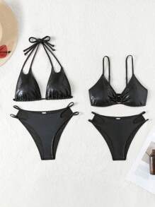 SHEIN Swim Women Two-Piece Black Sexy Bikini Set Fashionable Holiday Bikini Set Mommy And Me Matching Outfits (2 Sets Are Sold Separately) Summer Beach - Multicolor - View 4