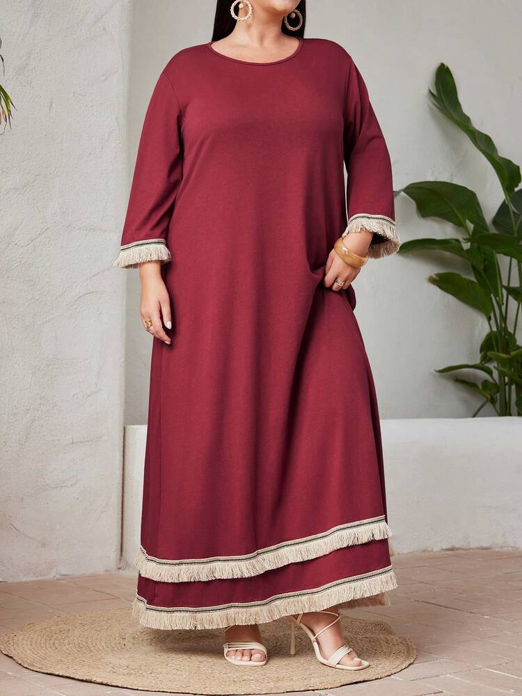 Burgundy Red Plus-Size Fringed Decor Long Sleeve Dress