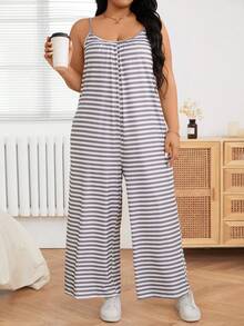 SHEIN LUNE Kích thước lớn Của phụ nữ Giải trí Màu xám & Trắng Sọc Áo liền quần - Đen và trắng - Xem 6