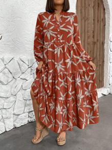 Breezaya 大码女式植物印花衬衫裙长款女装 - 棕色 - 查看 5