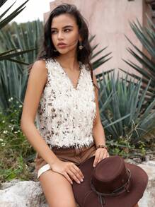 Anewsta Top de tanque de lana brillante con escote en V para verano - Albaricoque - Ver 7