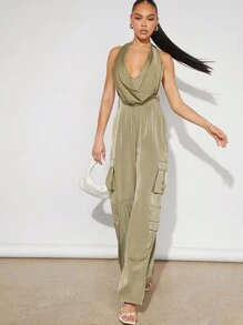 Hauture Của phụ nữ Màu thuần Cổ chữ V Dây Với Túi - Màu xanh Ô liu - Xem 5