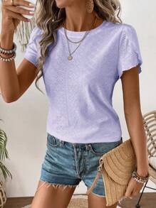 SHEIN LUNE Casual Hollow Out Embroidery Round Neck Short Sleeve T-Shirt - Mauve Purple - View 6