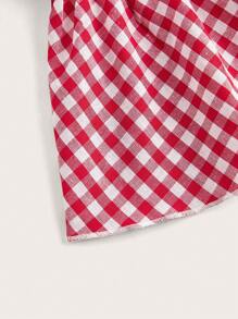 SHEIN MOD Plus Size Red Plaid Flowy Shirt With Puff Sleeves And Bow Tie For Women - Red and White - View 3