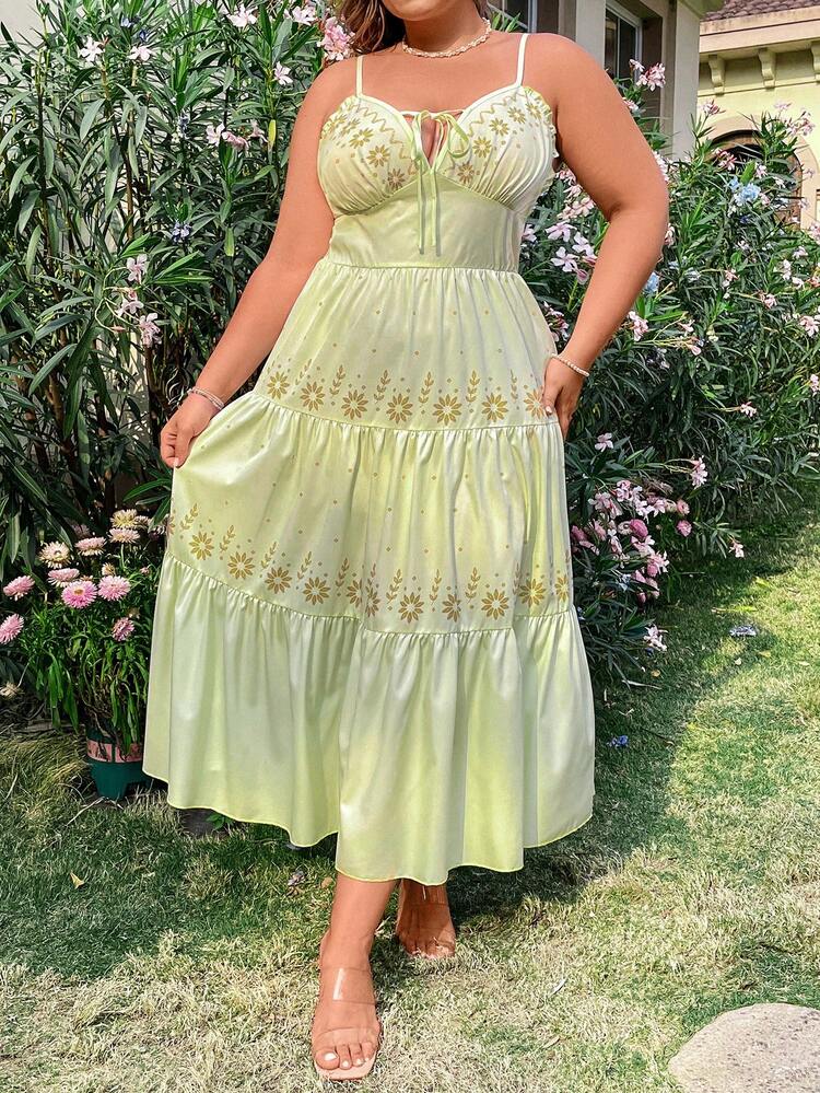 Plus Size Floral Printed Strappy Cami Dress With Ruffle Hem