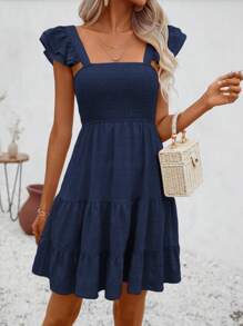 EMERY ROSE Solid Color Square Neckline Dress With Ruffle Hem And Sleeveless Design - Navy Blue - View 3