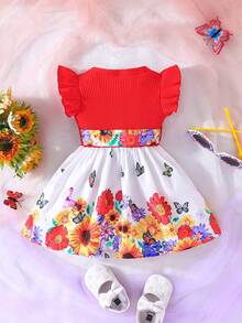 Bebé Niña Vestido Evasé Con Estampado Floral Y De Mariposas, Manga Corta Y Cuello Redondo - Multicolor - Ver 2