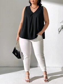 SHEIN CURVE+ Camiseta Con Cuello En V Suelto De Talla Grande De Tejido De Punto Y Color Sólido - Verde - Ver 7