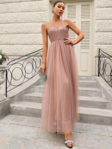 SHEIN Belle Elegant Bridesmaid Dress With Sequins Cutout Neckline Formal Evening Prom Wedding Guest Gown, For Graduation, Dinner - Champagne - View 5