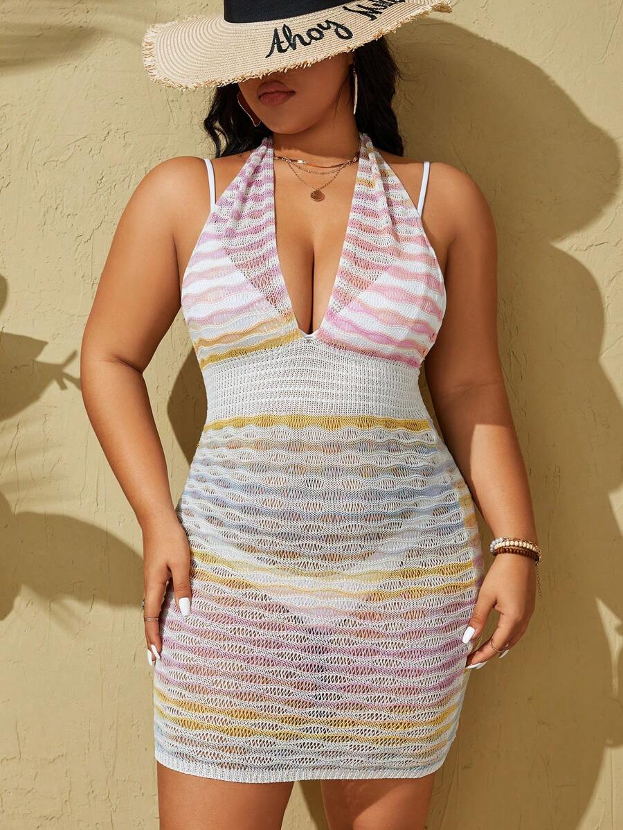 SHEIN Swim Curve Plus Size Color Block Striped See-Through Halter Backless Mesh Top Summer - Multicolor - View 1