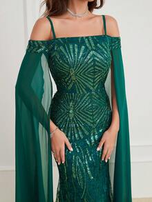Vestido de manga larga con hombros descubiertos y bordado de lentejuelas - Verde Oscuro - Ver 4